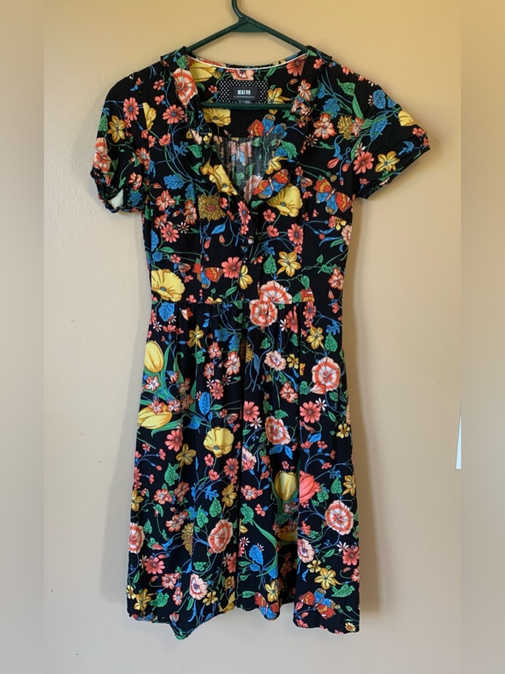 Maeve Anthropologie Bloedel Black short sleeve Floral Dress Size 2 pockets